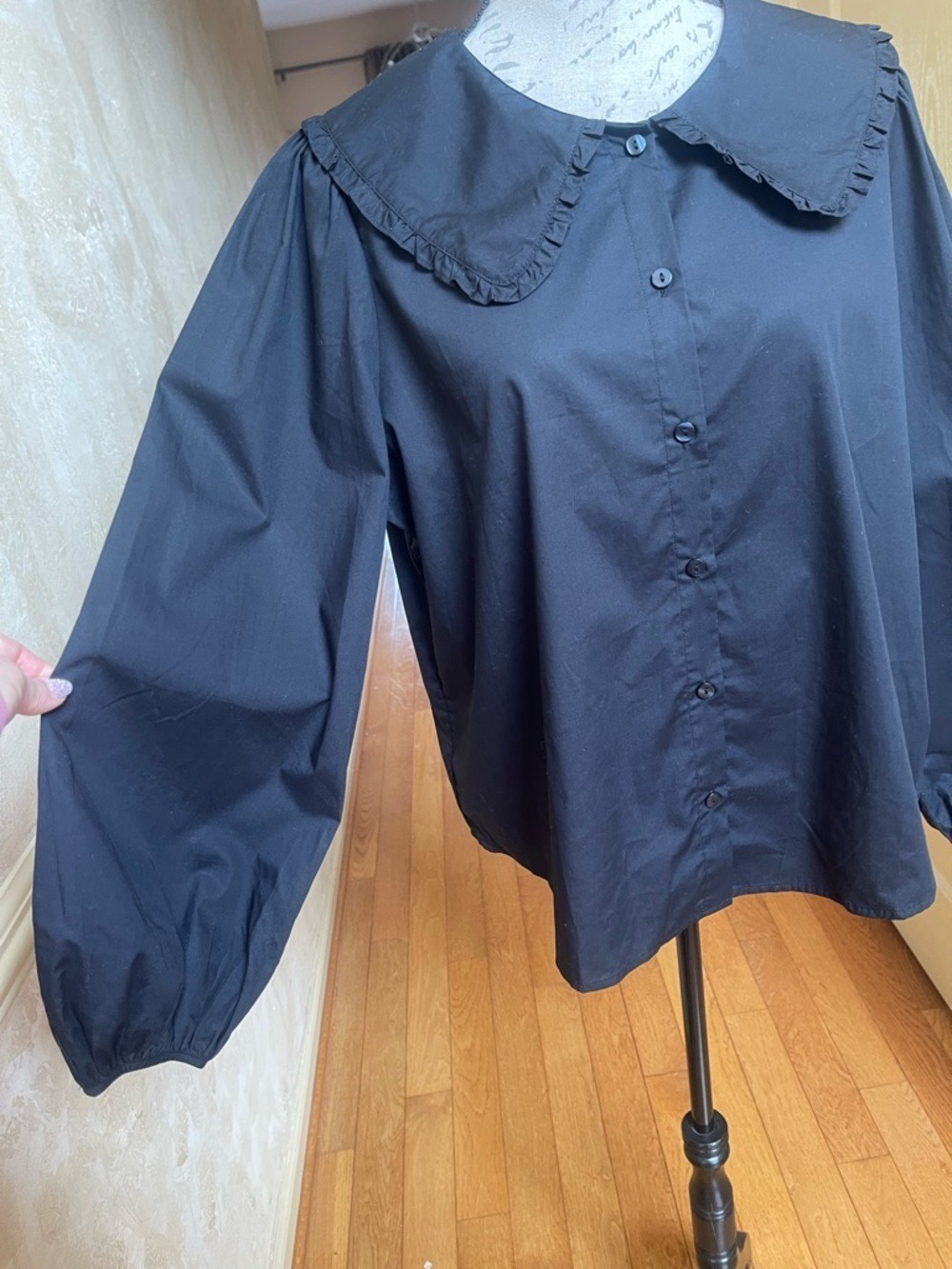 A New Day NWT Black Ruffle Peter Pan Collar Blouse Puff Sleeve Cotton Top XL - Picture 4 of 12